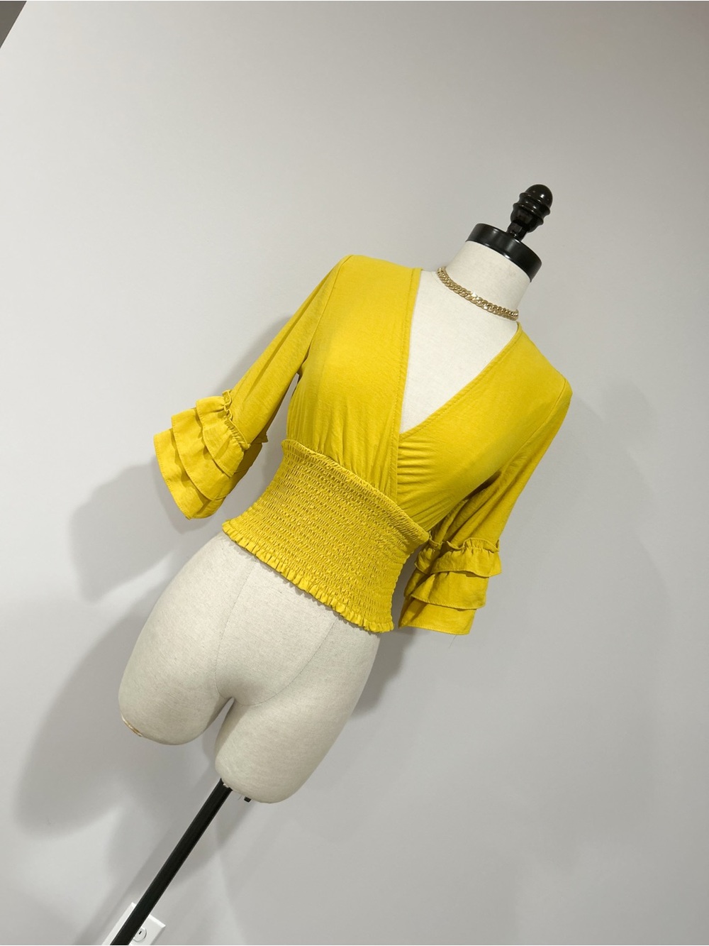 Altar'd State Yellow V-Neck Smocked Peplum Ruffle Sleeve Top